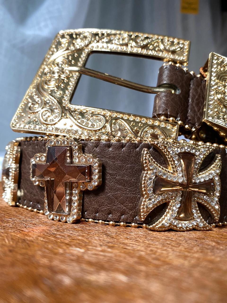 Cinto Country Feminino Country Com Pedras de Cruz