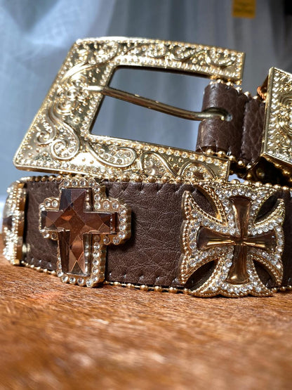 Cinto Country Feminino Country Com Pedras de Cruz